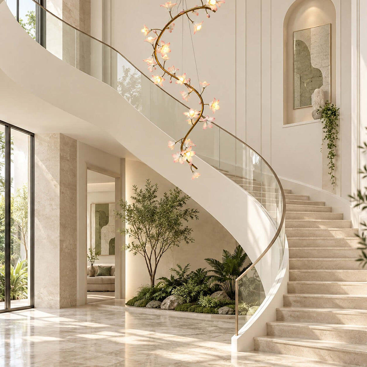 Clérachic blossom chandelier lit in front of a spiralling glass-balustrade staircase, with a planted nook beneath the stairs.