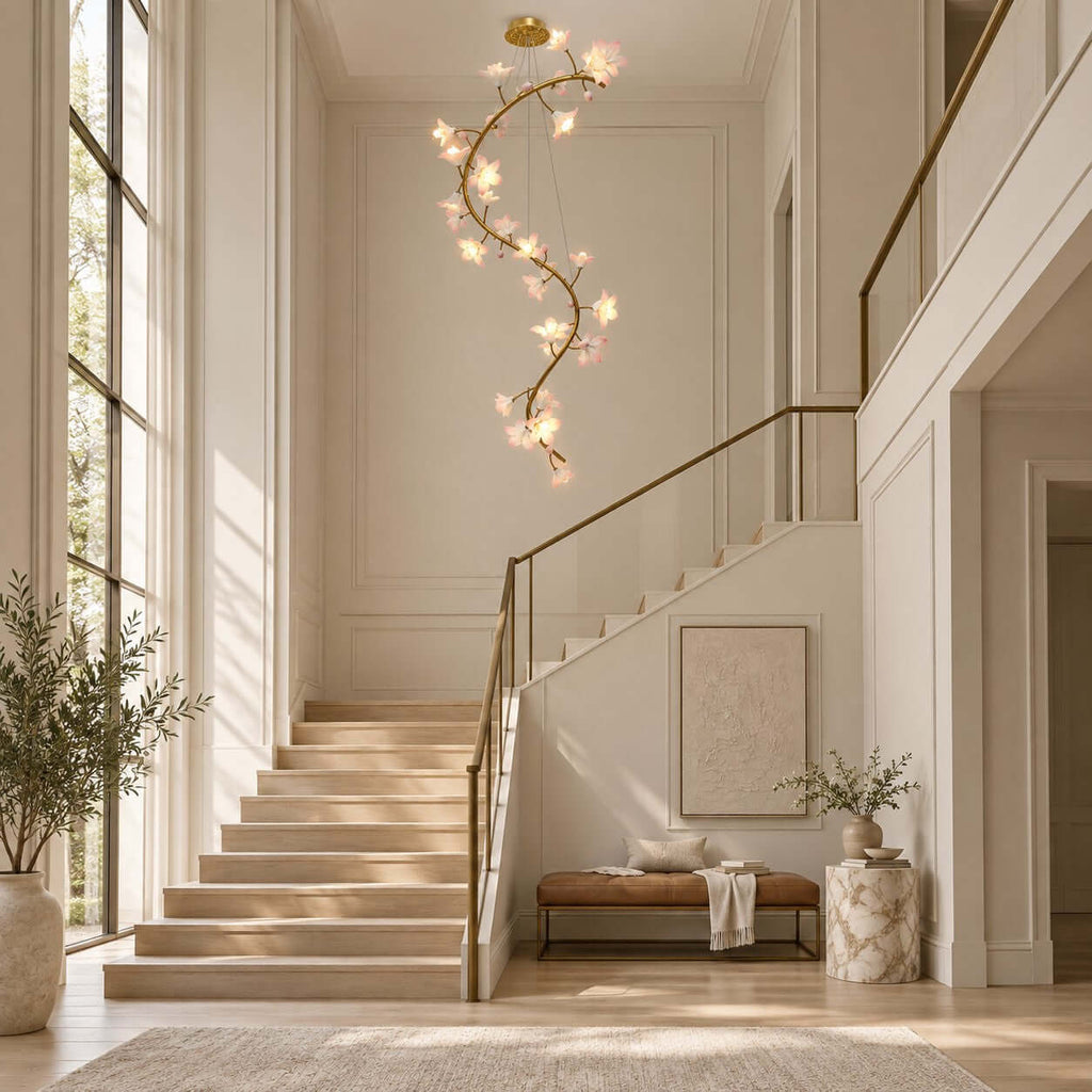Clérachic chandelier lit in a tall stairwell with a brass handrail, above a stone landing with a leather bench and a small side table.