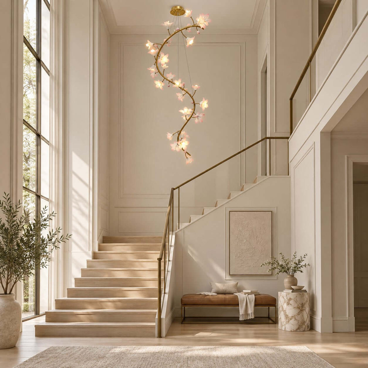 Clérachic chandelier lit in a tall stairwell with a brass handrail, above a stone landing with a leather bench and a small side table.