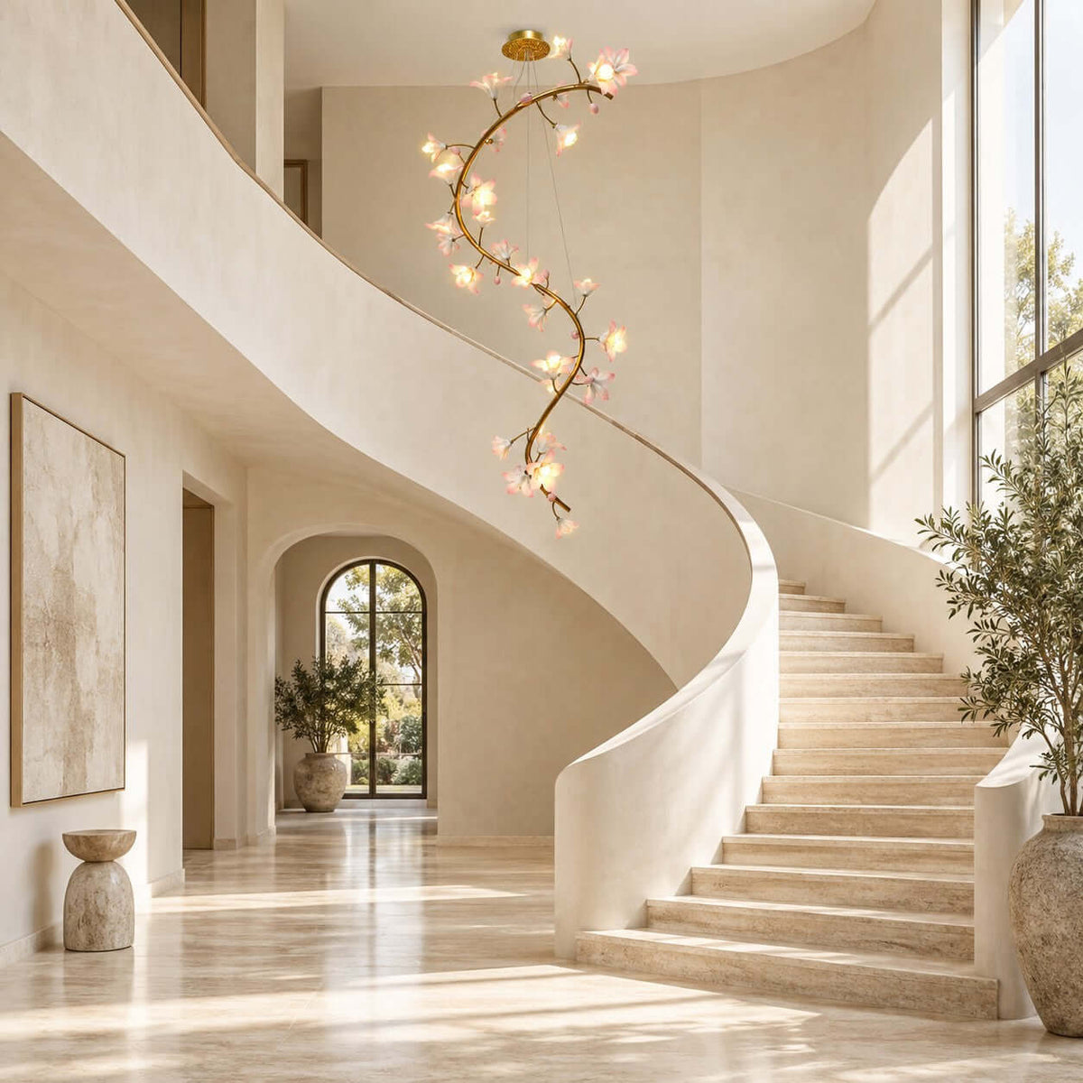 Clérachic vine chandelier lit beside a curved plaster staircase, with an arched window and an olive tree at the foot of the stairs.