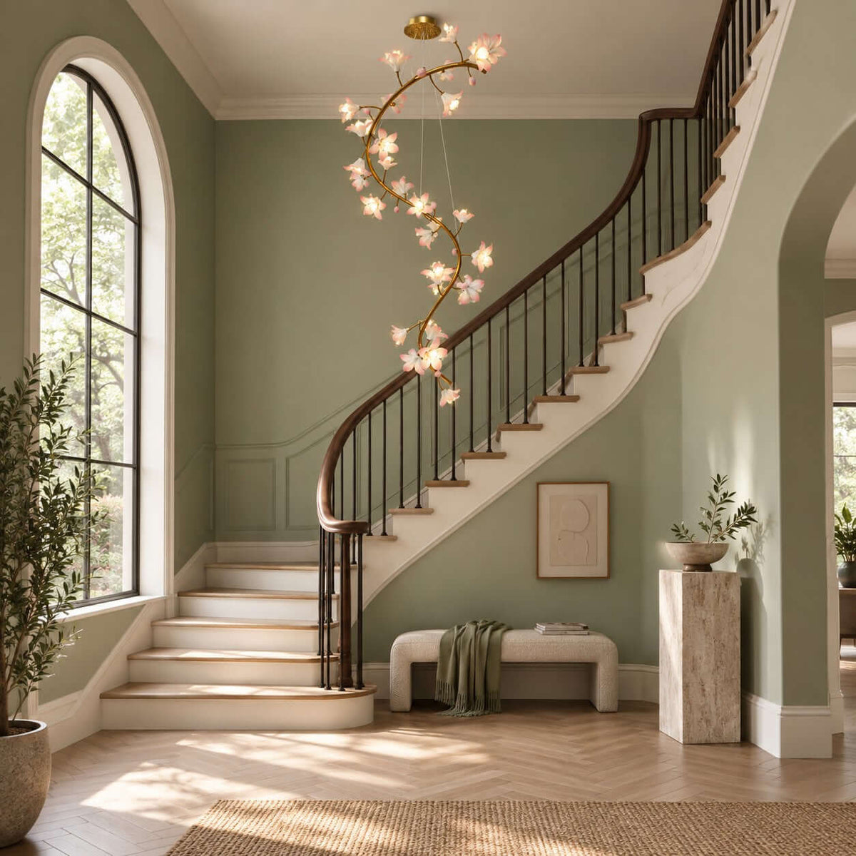 Clérachic chandelier lit in a green-walled hall with an arched window, above a dark wood staircase and a pale upholstered bench.