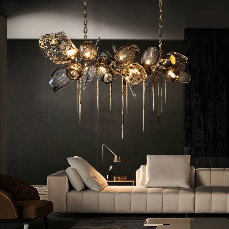Clérachic linear chandelier in smoked glass and brass lattice, hung from chains over a cream sofa and a dark panelled wall.