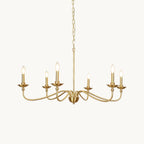 A brass Clérachic chandelier with curved arms and candle-style bulbs, lit on a white backdrop, hung from a slim chain and rod.