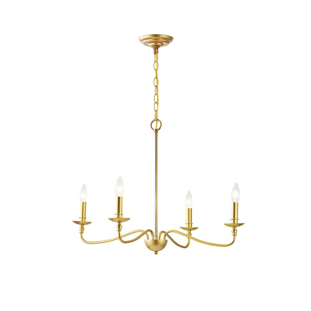 A four-arm Clérachic brass chandelier on white, its lit candle bulbs held in small dishes, hung from a chain and rod.