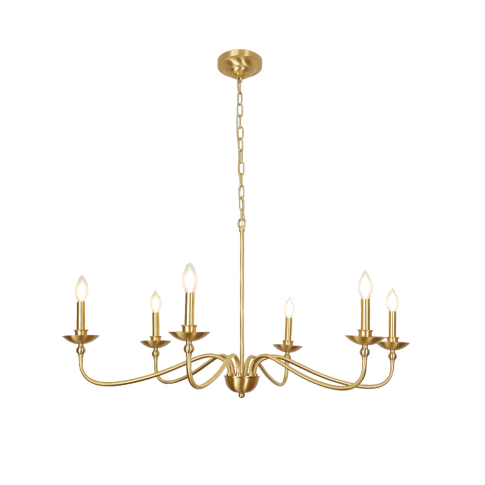 A Clérachic brass chandelier on white, lit, with curved arms rising to candle bulbs and a gold ceiling plate above.