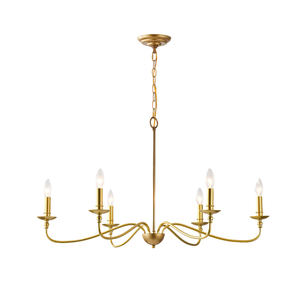 A six-arm Clérachic brass chandelier on white, with lit candle bulbs on swept arms and a looped chain above.