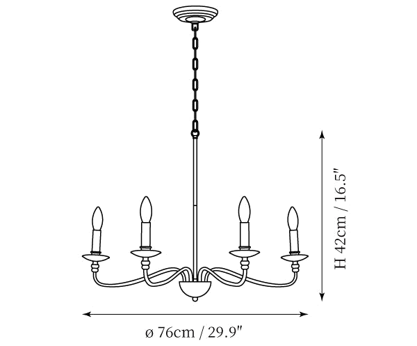 Clérachic chandelier dimension drawing, 1 of 3, every measurement marked in centimetres and inches.