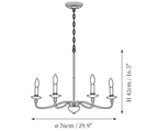 Clérachic chandelier dimension drawing, 1 of 3, every measurement marked in centimetres and inches.