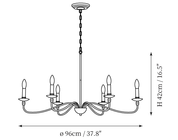Clérachic chandelier dimension drawing, 2 of 3, every measurement marked in centimetres and inches.