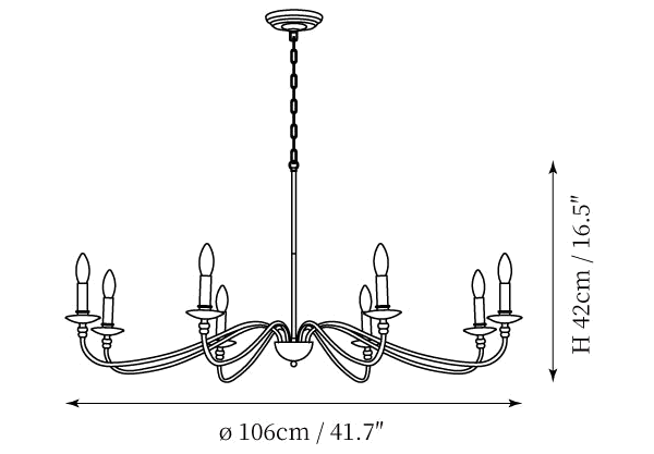 Clérachic chandelier dimension drawing, 3 of 3, every measurement marked in centimetres and inches.