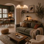 This vintage brass Clérachic chandelier lights an archway between a living room and dining nook.