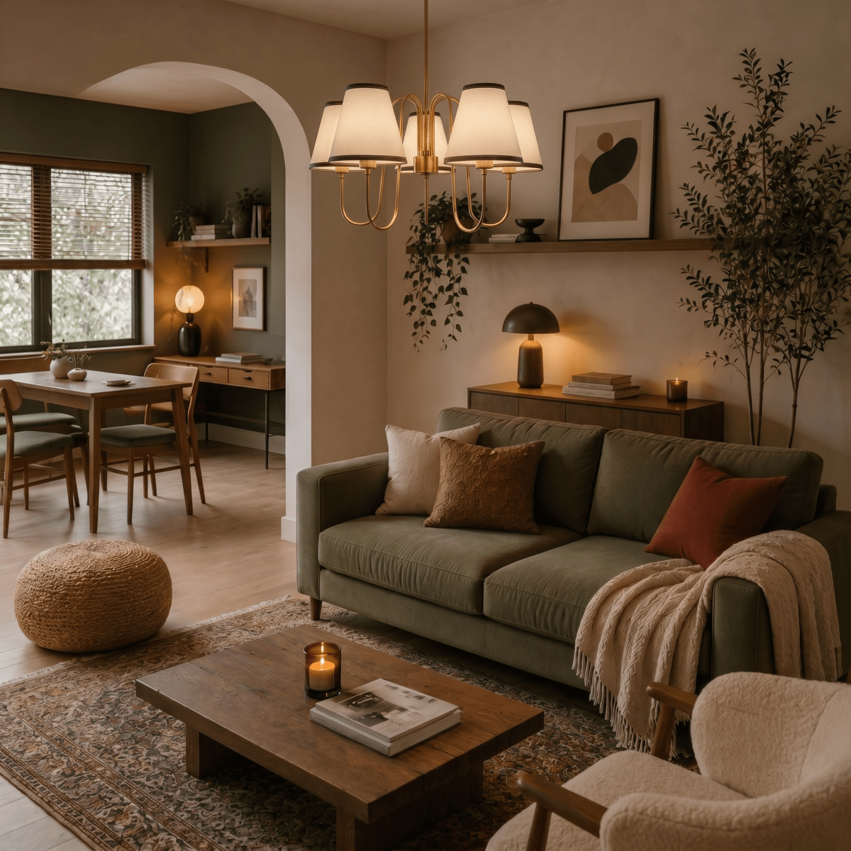 This vintage brass Clérachic chandelier lights an archway between a living room and dining nook.
