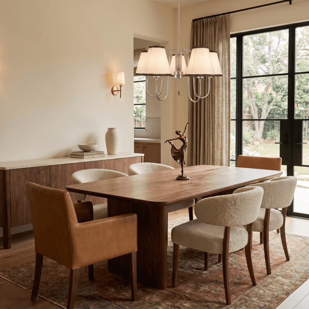 This chrome Clérachic chandelier lights a bay-window dining table set with leather and shearling chairs.