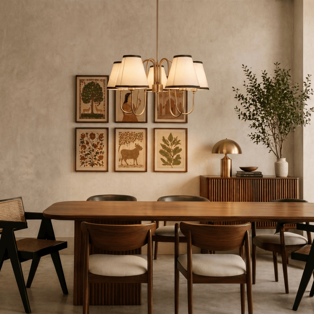 A brass Clérachic chandelier lights a dining table beneath a gallery wall of framed botanical prints.
