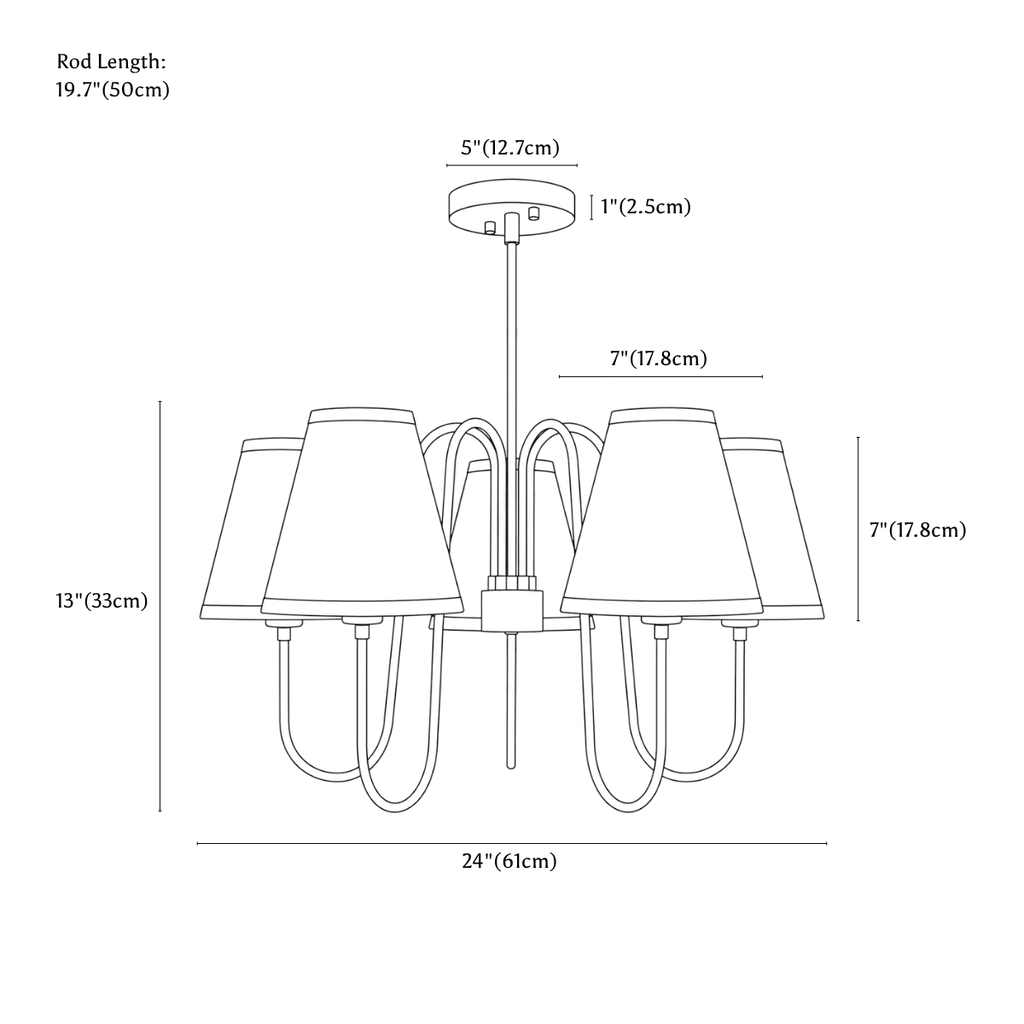 Clérachic chandelier dimension drawing, every measurement marked in centimetres and inches.