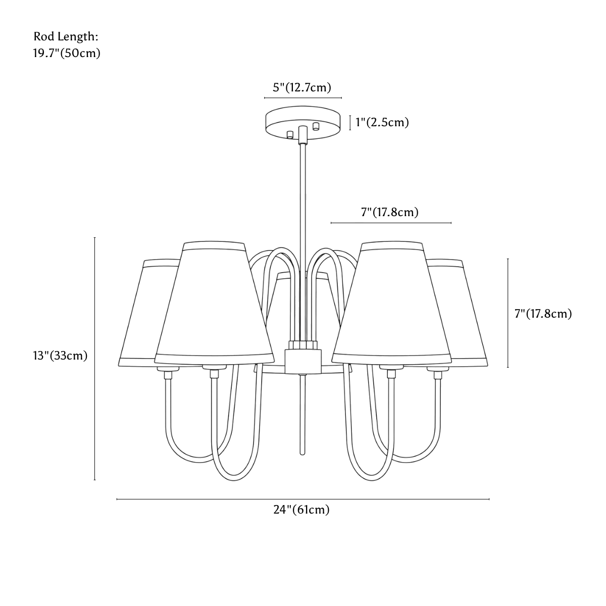 Clérachic chandelier dimension drawing, every measurement marked in centimetres and inches.
