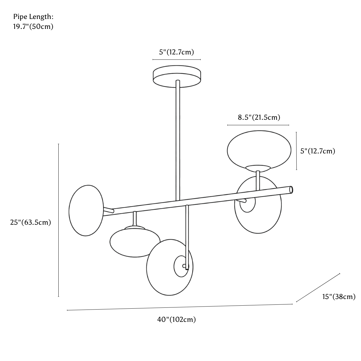 Clérachic chandelier dimension drawing, every measurement marked in centimetres and inches.