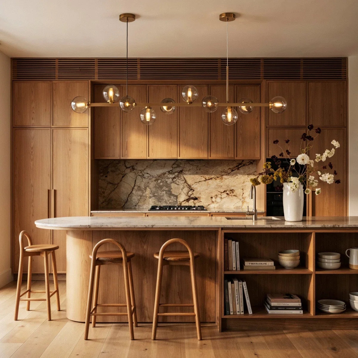Clérachic linear chandelier lights a wood kitchen island, clear glass globes glowing above the marble counter.