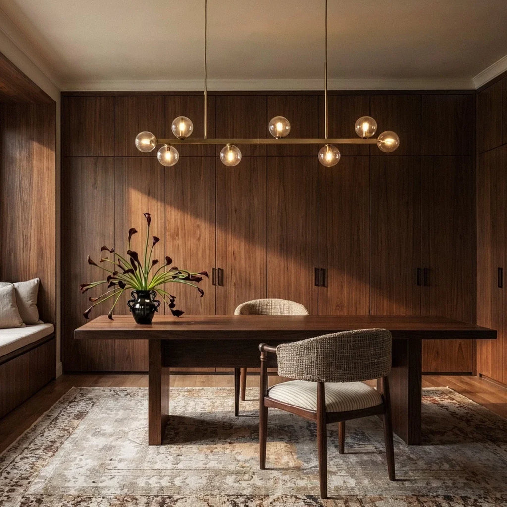 Clérachic brass chandelier lights a wood-paneled home office desk, clear glass globes glowing warm.