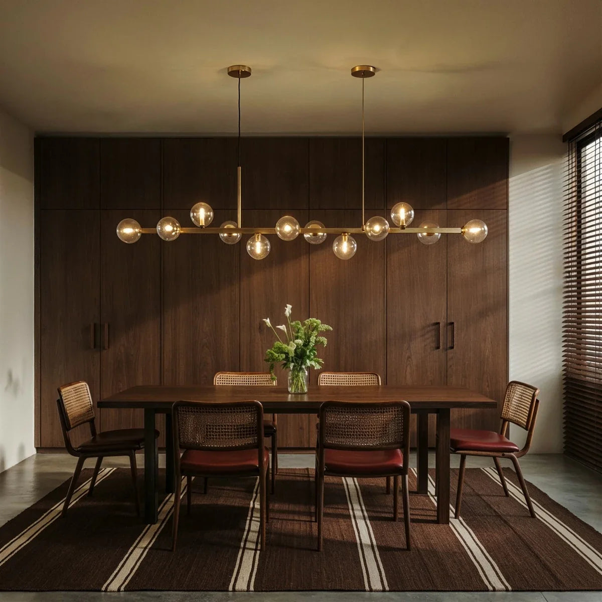 Clérachic linear chandelier hangs from twin round canopies above a walnut dining table with woven chairs.
