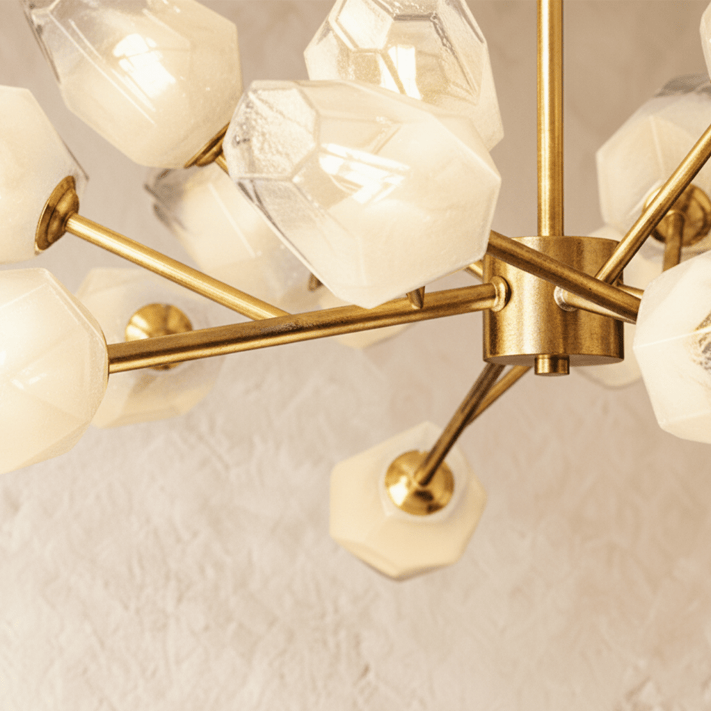 Close view of the Clérachic chandelier's brass hub, thin arms and frosted faceted glass shades glowing warmly.