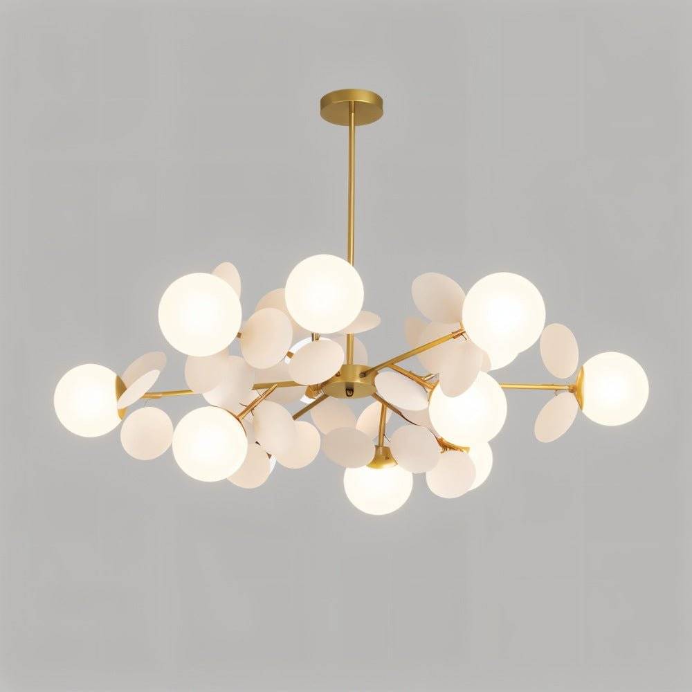 Clérachic large branching chandelier: frosted glass globes and pale discs on slim brass arms and a central rod.