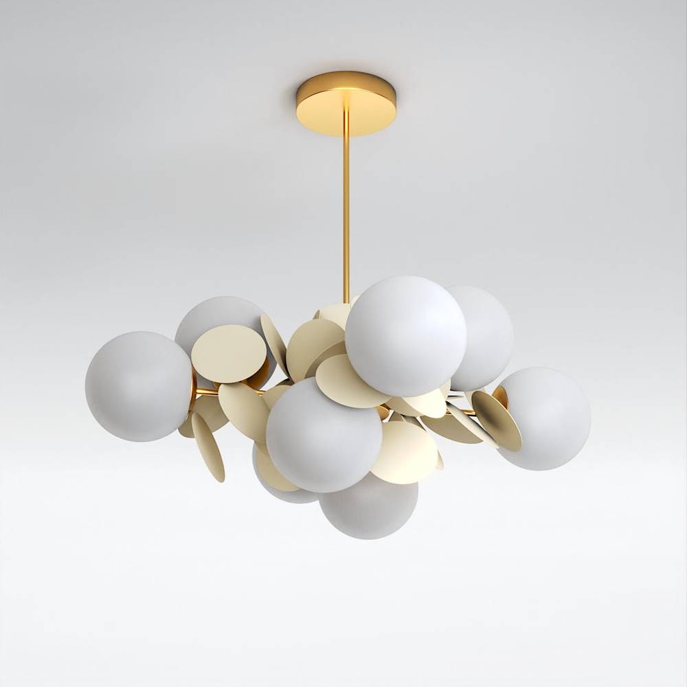 Clérachic unlit chandelier with grey-white glass globes and cream metal discs on a brass frame and ceiling rod.