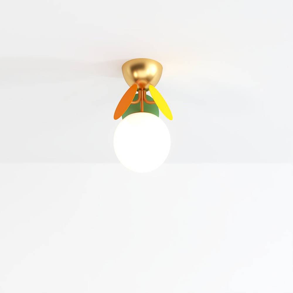 Clérachic single-globe ceiling light: frosted glass ball, orange and yellow discs, green leaf and brass canopy.