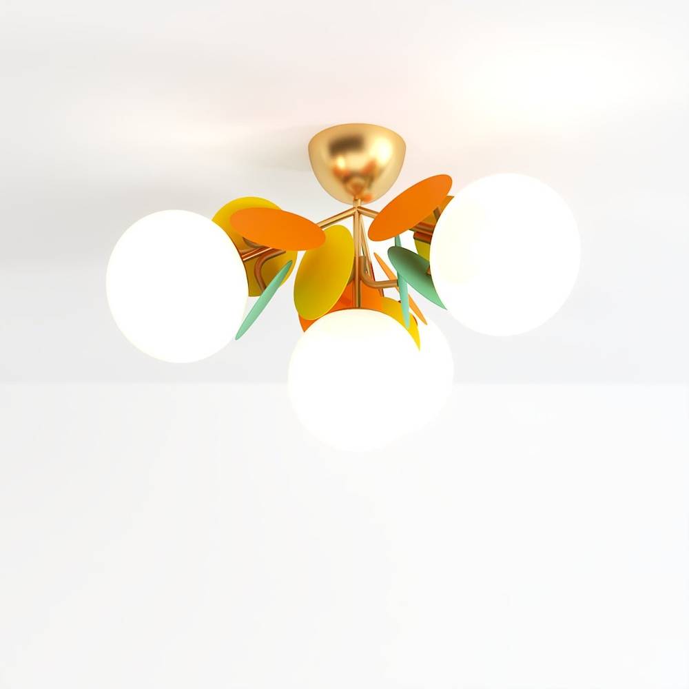 Clérachic ceiling light with three frosted globes among orange, yellow and mint discs on a brass canopy.