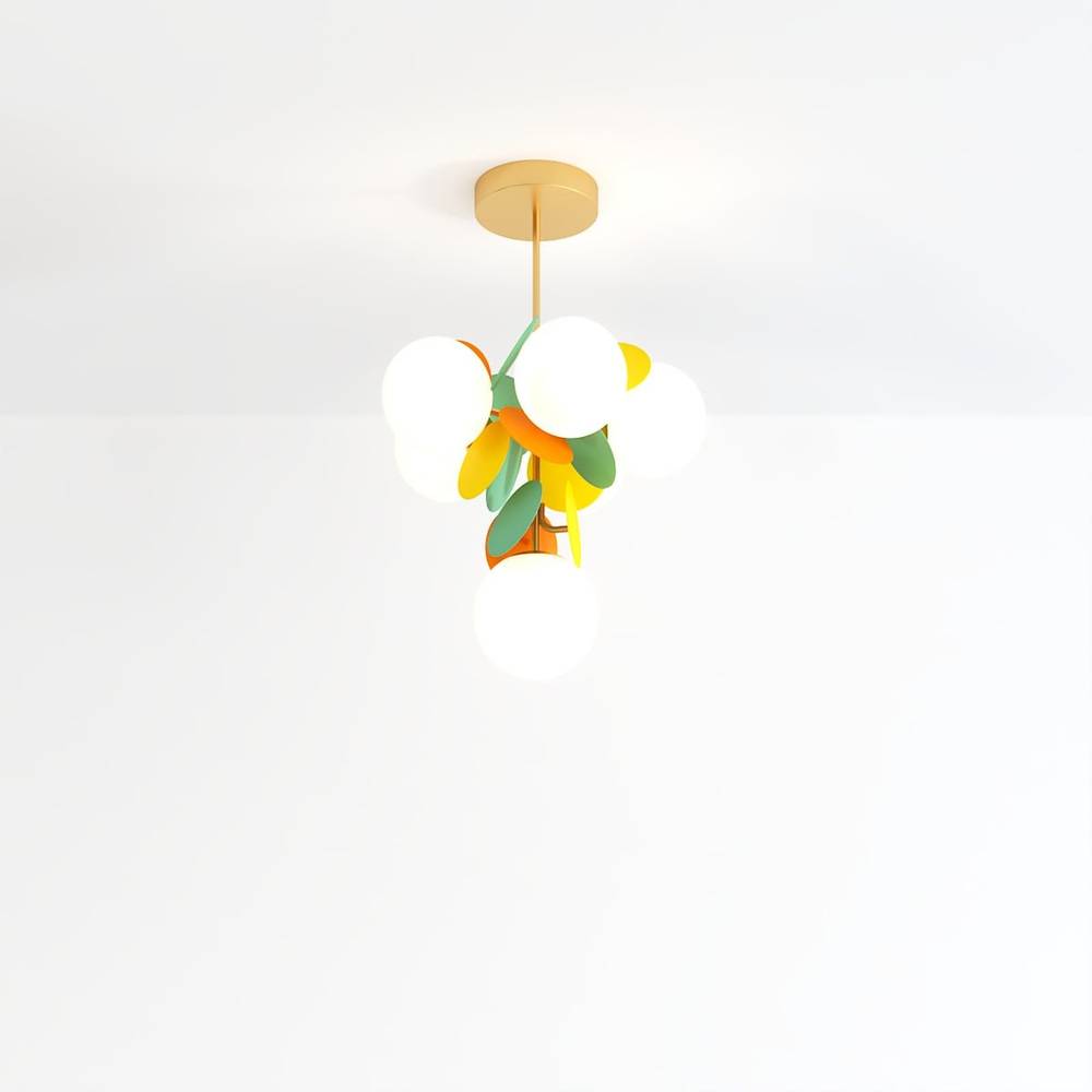 Clérachic tall hanging chandelier of frosted globes with green, orange and yellow discs on a brass rod.