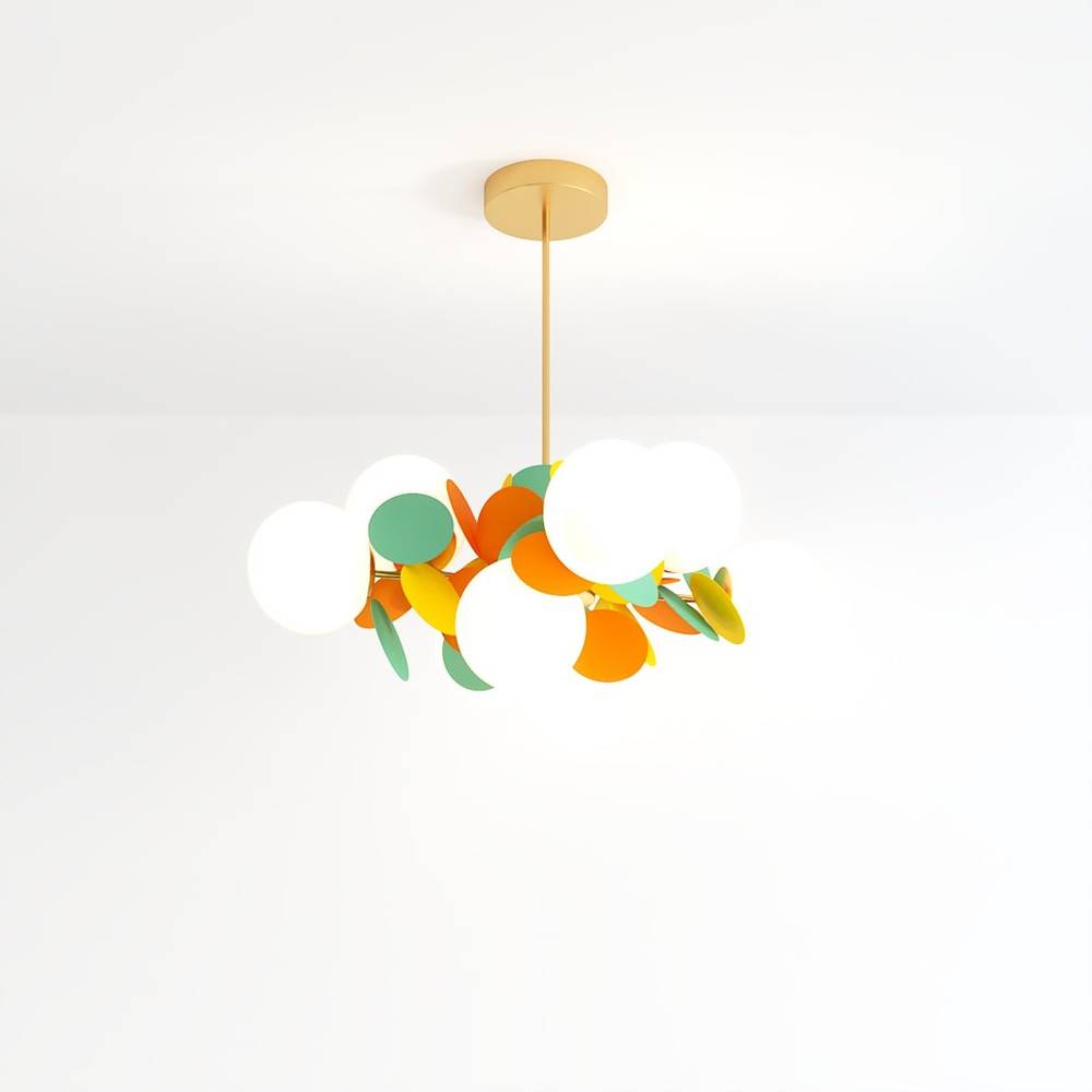 Clérachic chandelier with frosted glass globes among green, orange and yellow metal discs, on a brass rod.