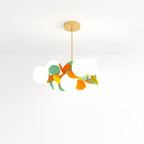 Clérachic chandelier with frosted glass globes among green, orange and yellow metal discs, on a brass rod.