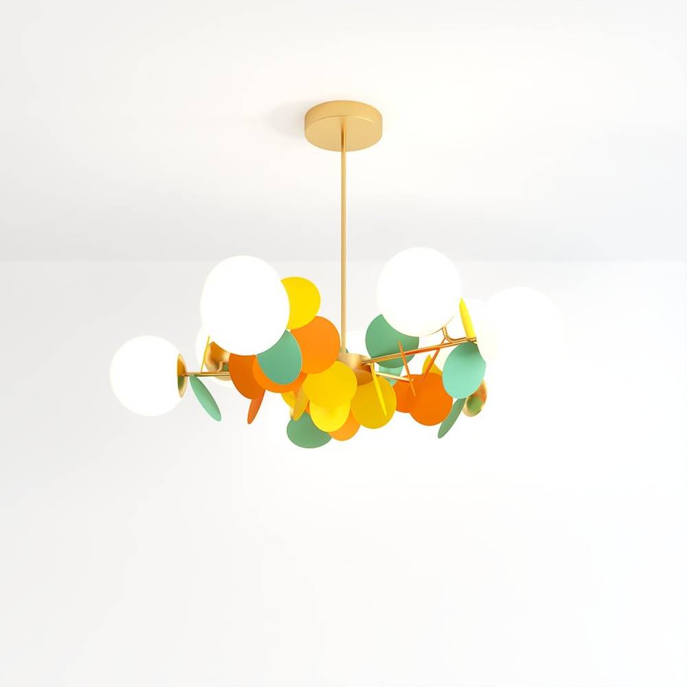 Clérachic branching chandelier of frosted globes, green, orange and yellow discs and slim brass arms.