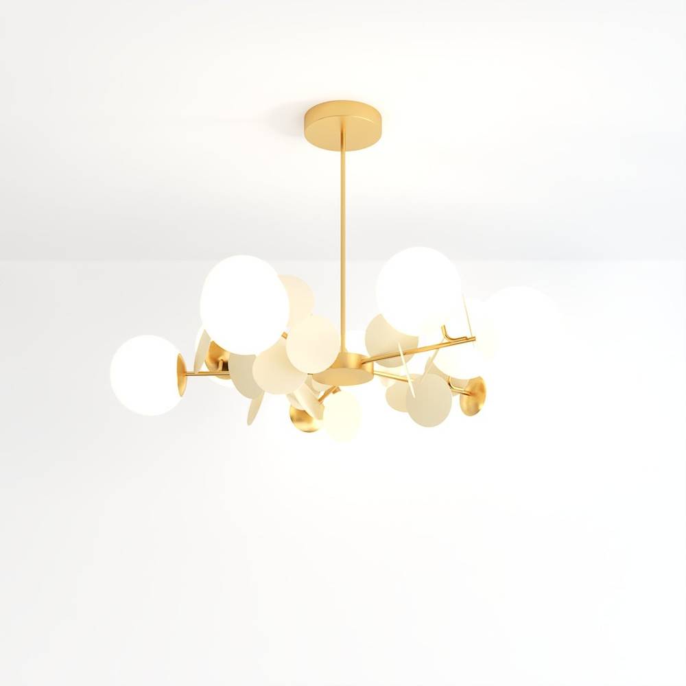 Clérachic branching chandelier of frosted glass globes and cream discs on slim brass arms and a ceiling rod.