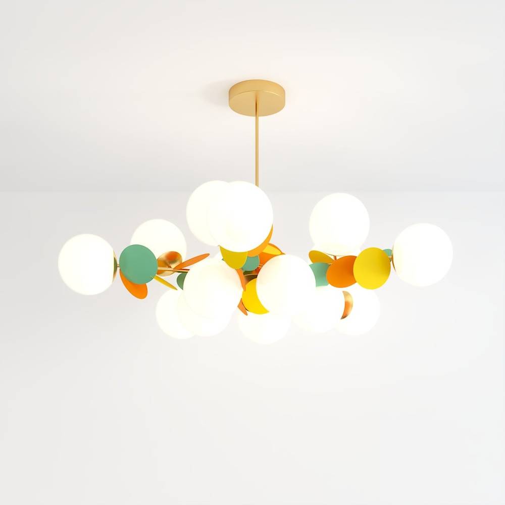 Clérachic wide chandelier of frosted glass globes with green, orange and yellow discs on brass arms.