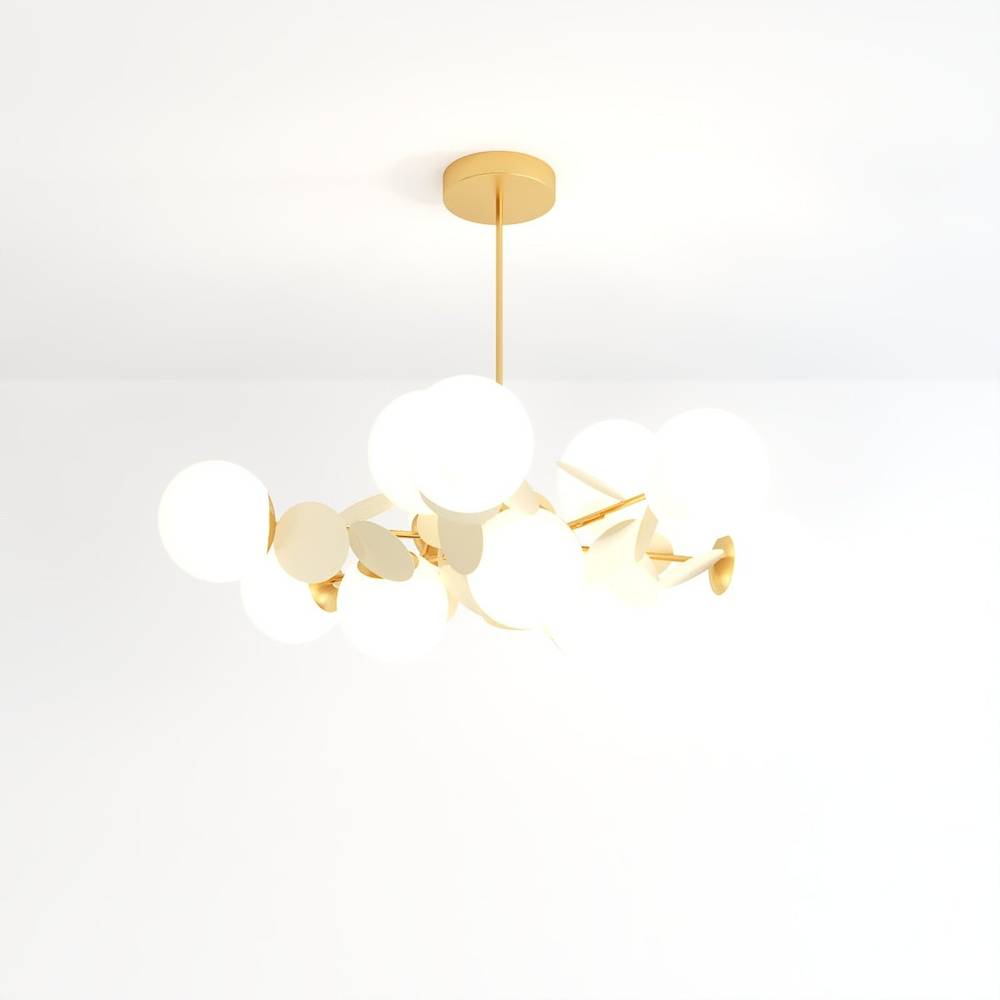 Clérachic wide chandelier of frosted glass globes and cream discs on brass arms, shot on a white ground.