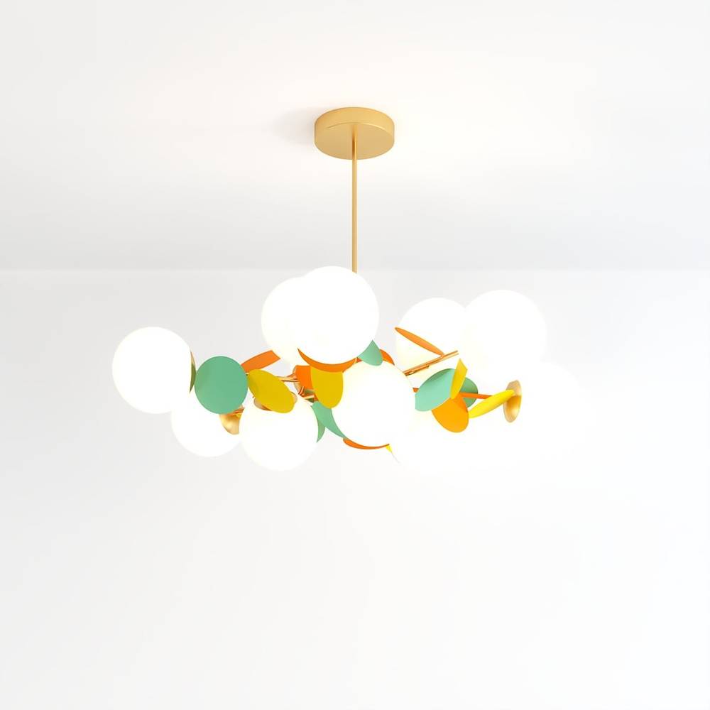 Clérachic wide chandelier of frosted globes, mint, yellow and orange discs and fine brass arms.