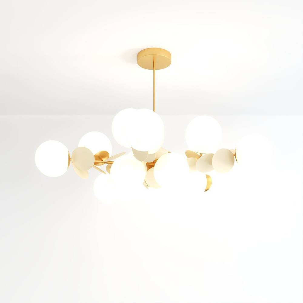 Clérachic wide chandelier of frosted glass globes and cream metal discs on fine brass arms and a rod.