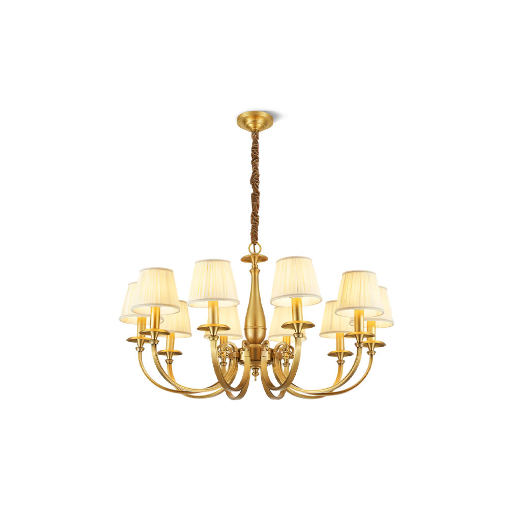 This Clérachic brass chandelier hangs on a chain with a brass ceiling cap, shown whole on a white backdrop.