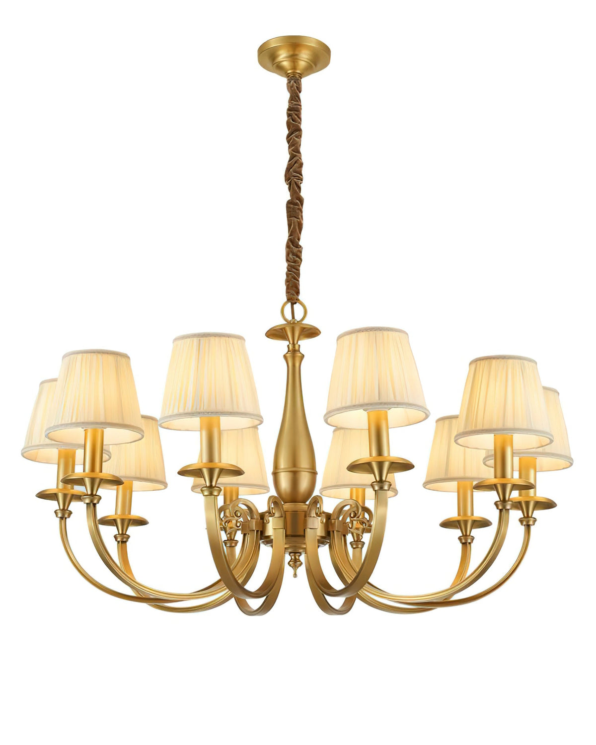 A larger Clérachic brass chandelier with eight pleated shades on curving arms, shown on a plain white backdrop.