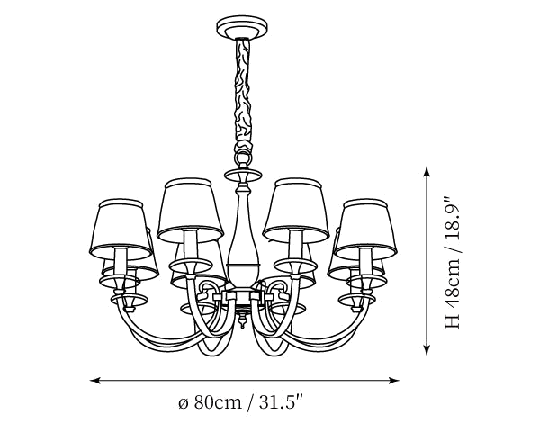 Dimension drawing of this Clérachic chandelier, 80 cm wide and 48 cm high, with its width and height marked.