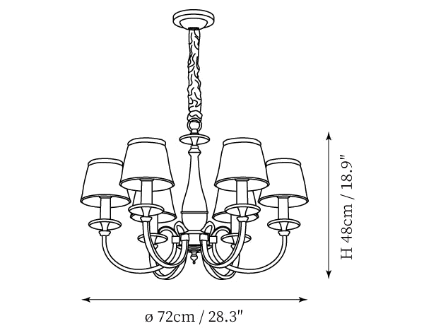 Dimension drawing of this Clérachic chandelier, 72 cm wide and 48 cm high, with its width and height marked.