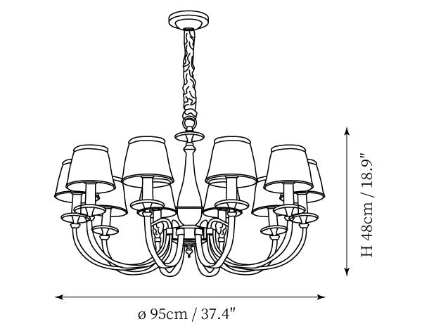 Dimension drawing of this Clérachic chandelier, 95 cm wide and 48 cm high, with its width and height marked.