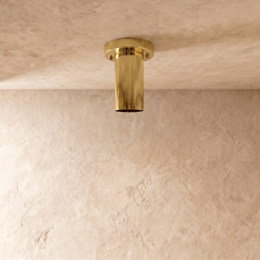 This polished brass Clérachic ceiling light is shown from below, its round lens catching the light.