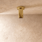 This polished brass Clérachic ceiling light is shown from below, its round lens catching the light.