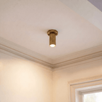 A vintage brass Clérachic ceiling light lights a corner beneath crown molding near a window.