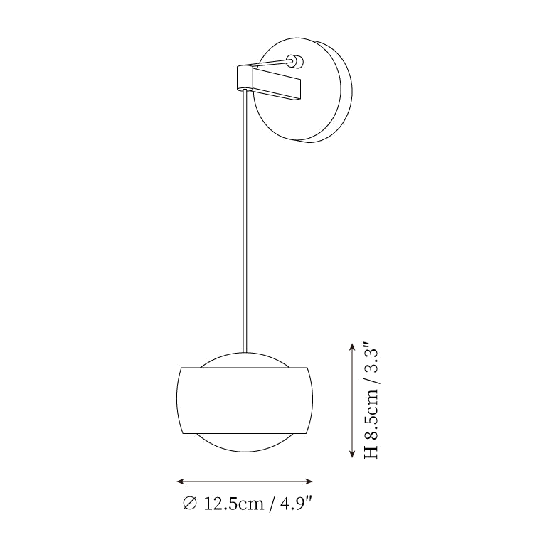 Dimension drawing of this Clérachic wall light, with its 8.5 cm shade height and 12.5 cm diameter marked.