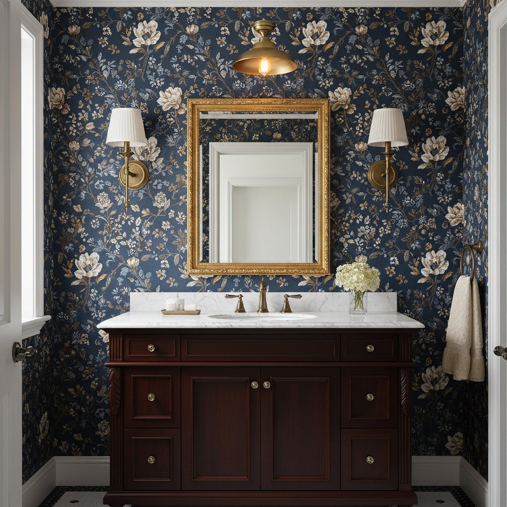 A Clérachic brass dome ceiling light above a washbasin with a gilt mirror and two wall lights, against dark blue floral wallpaper.