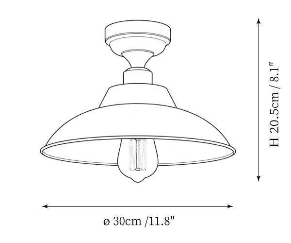 Dimension drawing of this Clérachic ceiling light, with its height and width marked.