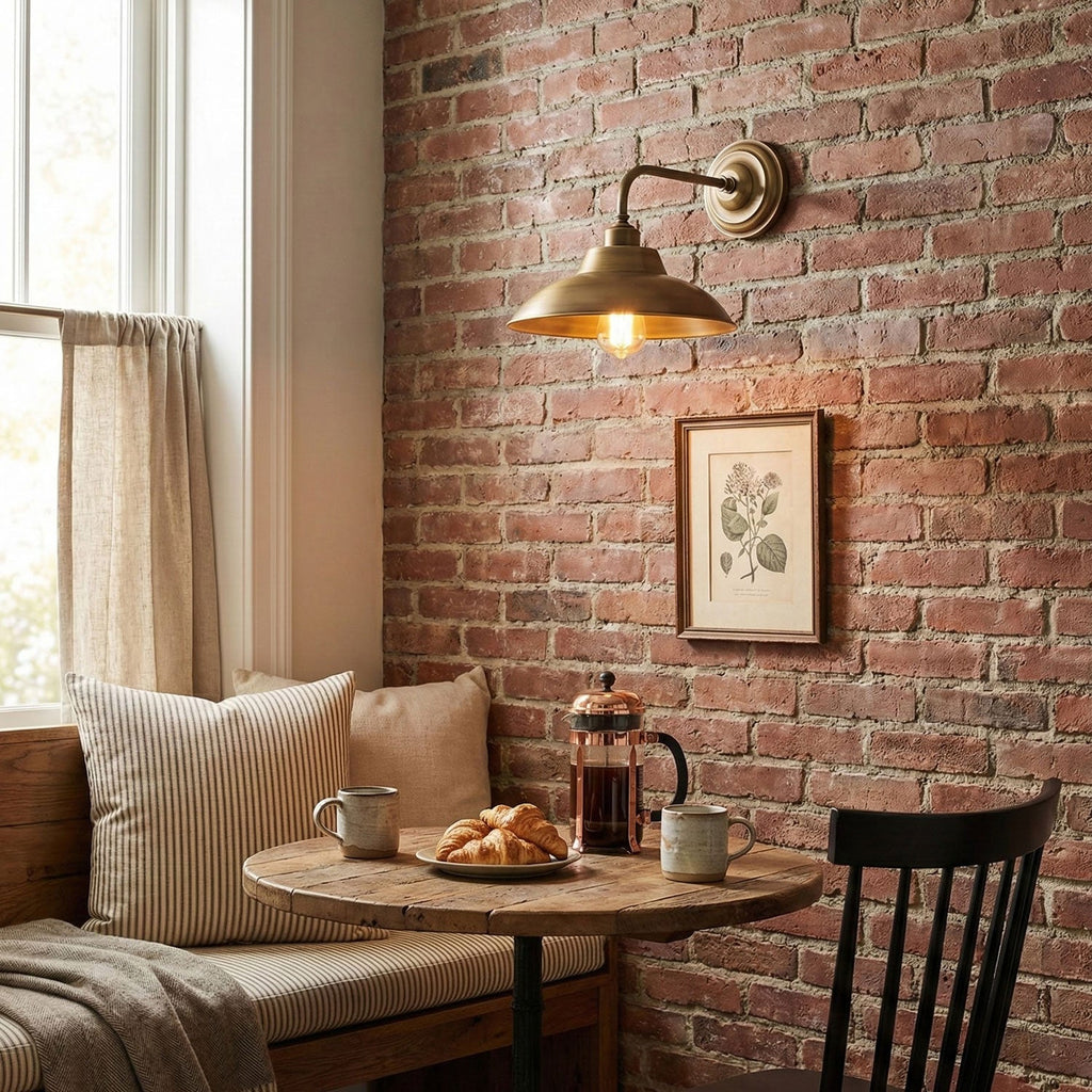 A Clérachic brass dome wall light glows against a red brick wall above a small round café table set with coffee and croissants.